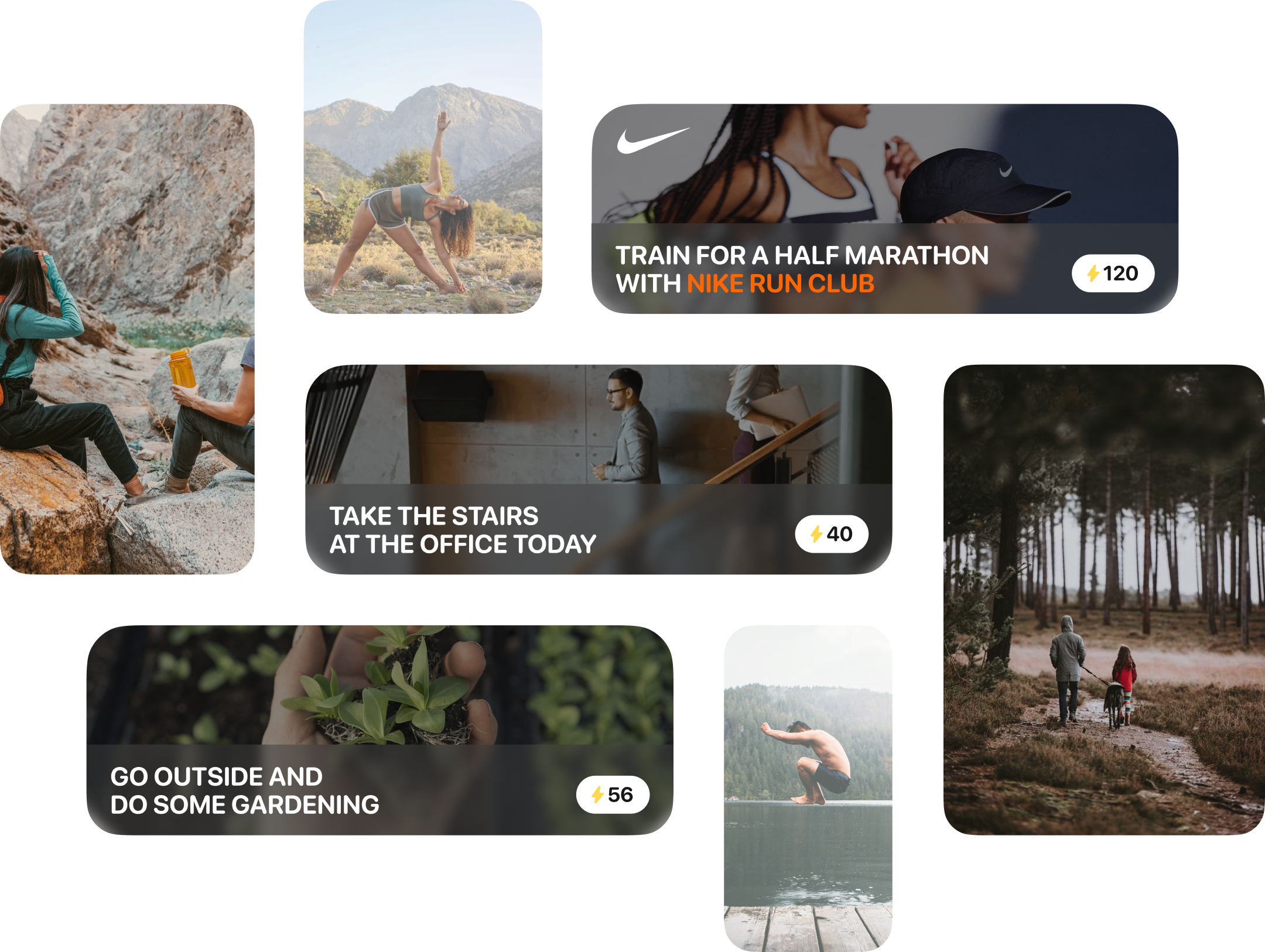 Collage of various workout activities supported by Vigor app